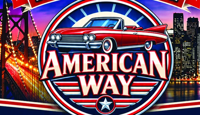 American Way Logo mit rotem amerikanischem Cabriolet