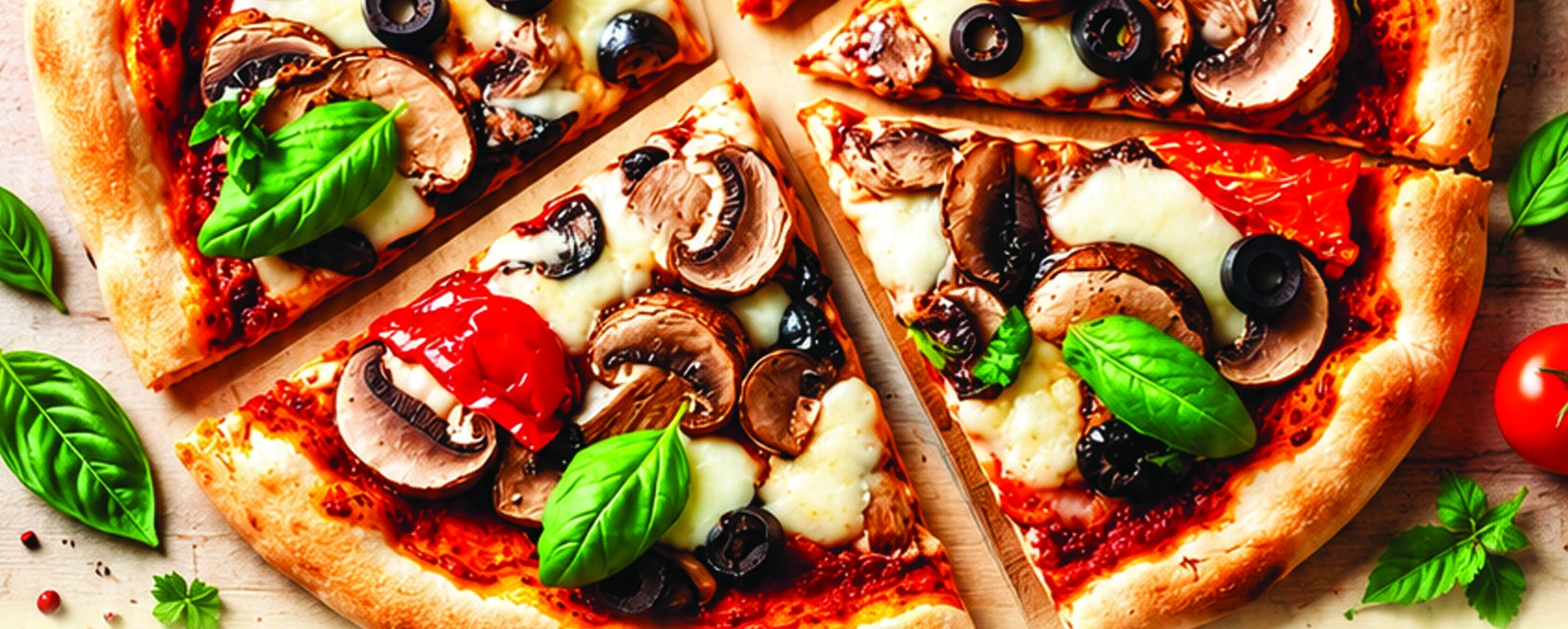 Pizza mit Pilzen, Tomaten, Oliven und frischem Basilikum aus unserer Speisekarte
